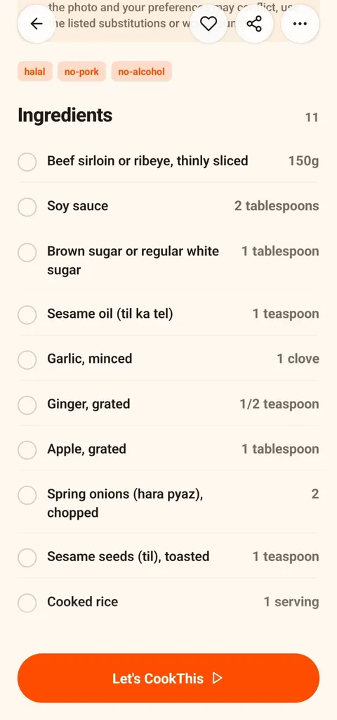 CookThis ingredient list generated for the identified Beef Bulgogi, with halal, no-pork and no-alcohol tags