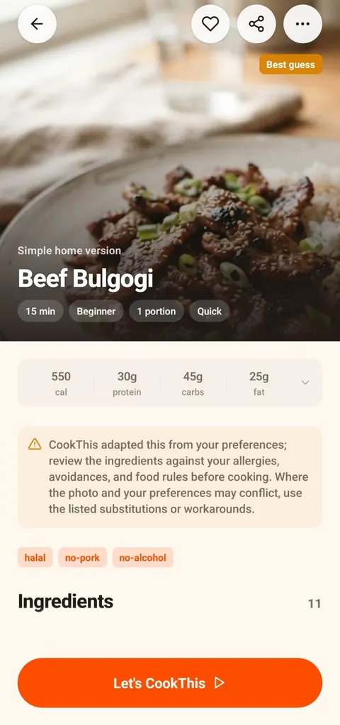 CookThis result identifying a dish as Beef Bulgogi with a Best guess label, 15 min, Beginner, 1 portion and an estimated nutrition summary