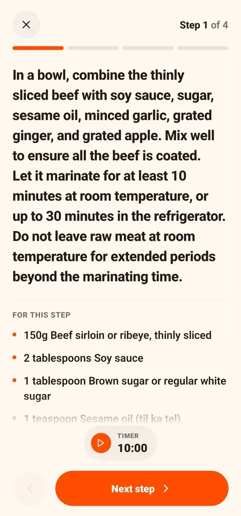 CookThis cooking mode step 1 of 4 for Beef Bulgogi: combine thinly sliced beef with soy sauce, sugar, sesame oil, garlic, ginger and grated apple, marinate at least 10 minutes at room temperature or up to 30 in the fridge, with a 10-minute timer