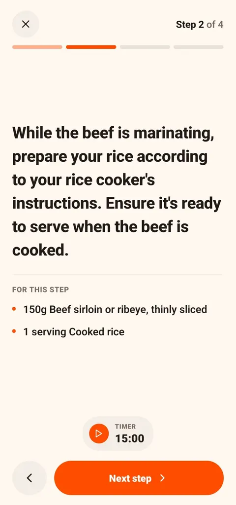 CookThis cooking mode step 2 of 4: prepare rice in a rice cooker while the beef marinates so it is ready when the beef is cooked, with a 15-minute timer