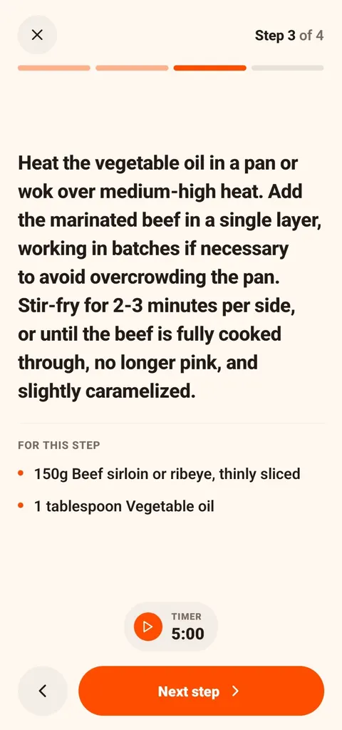 CookThis cooking mode step 3 of 4: stir-fry the marinated beef in vegetable oil in a single layer over medium-high heat until cooked through and caramelized, with a 5-minute timer
