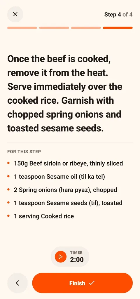 CookThis cooking mode step 4 of 4: serve the beef over rice and garnish with spring onions (hara pyaz) and toasted sesame seeds (til), with a 2-minute timer and a Finish button