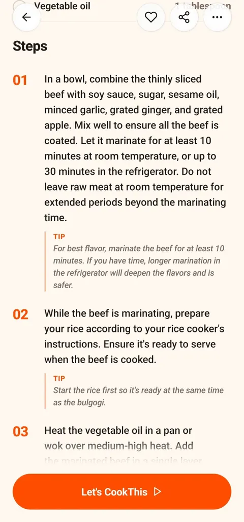 CookThis numbered steps for Beef Bulgogi with a tip under each step, including a food-safety note about marinating raw meat