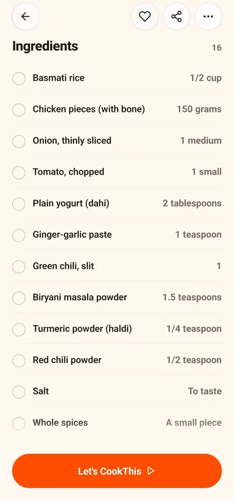 CookThis ingredient list for Chicken Biryani including basmati rice, bone-in chicken, dahi, ginger-garlic paste, biryani masala and whole spices