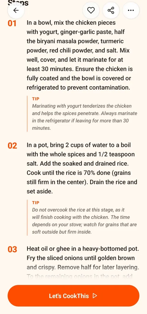 Example CookThis output: numbered steps for Chicken Biryani with a tip under each step