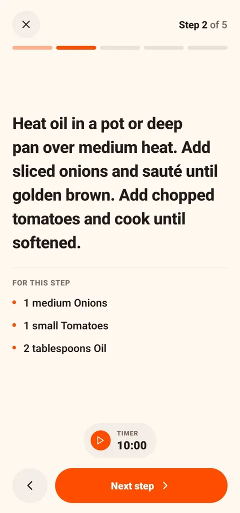 CookThis cooking mode step 2 of 5: heat oil, saute sliced onions until golden brown, then cook chopped tomatoes until softened, with a 10-minute timer