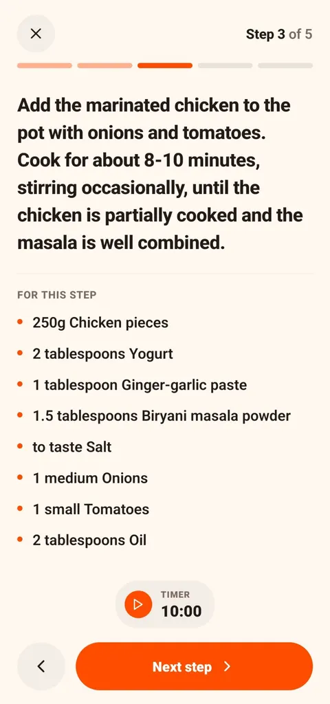 CookThis cooking mode step 3 of 5: add the marinated chicken and cook 8 to 10 minutes until partially cooked, with a 10-minute timer