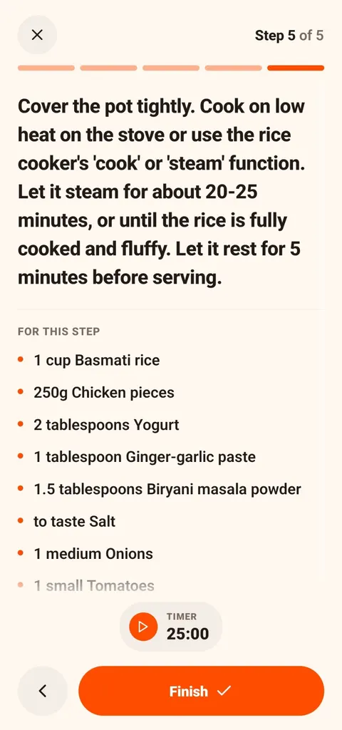 CookThis cooking mode step 5 of 5: cover tightly and steam on low heat or in a rice cooker for 20 to 25 minutes, then rest 5 minutes, with a 25-minute timer