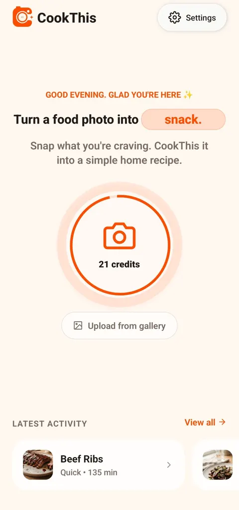 CookThis Android home screen with a camera button, remaining credits, and an Upload from gallery button for choosing a saved screenshot