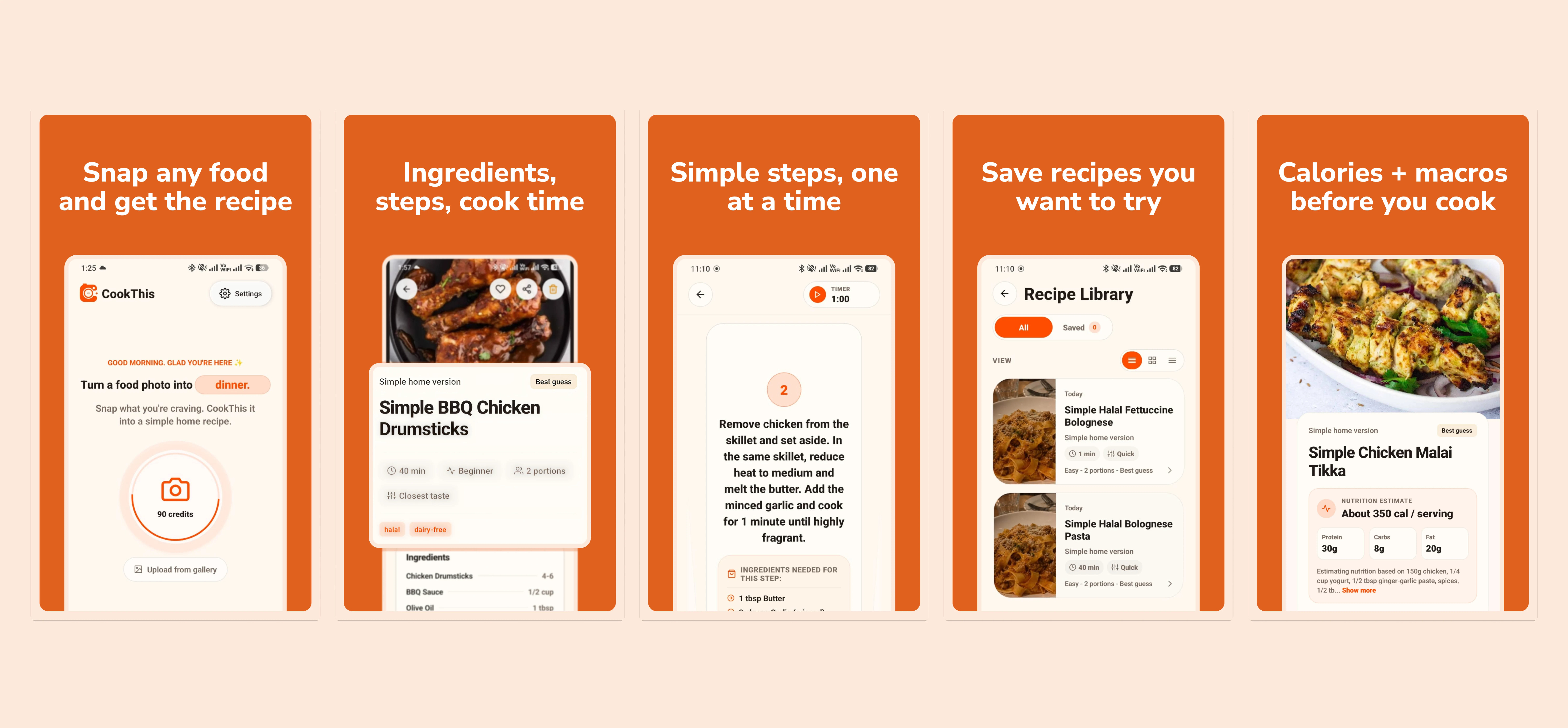 CookThis Android app screens showing food photo scanning, generated ingredients and cooking steps, cooking mode, saved recipes, and nutrition estimates