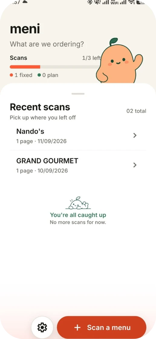 Meni app screen
