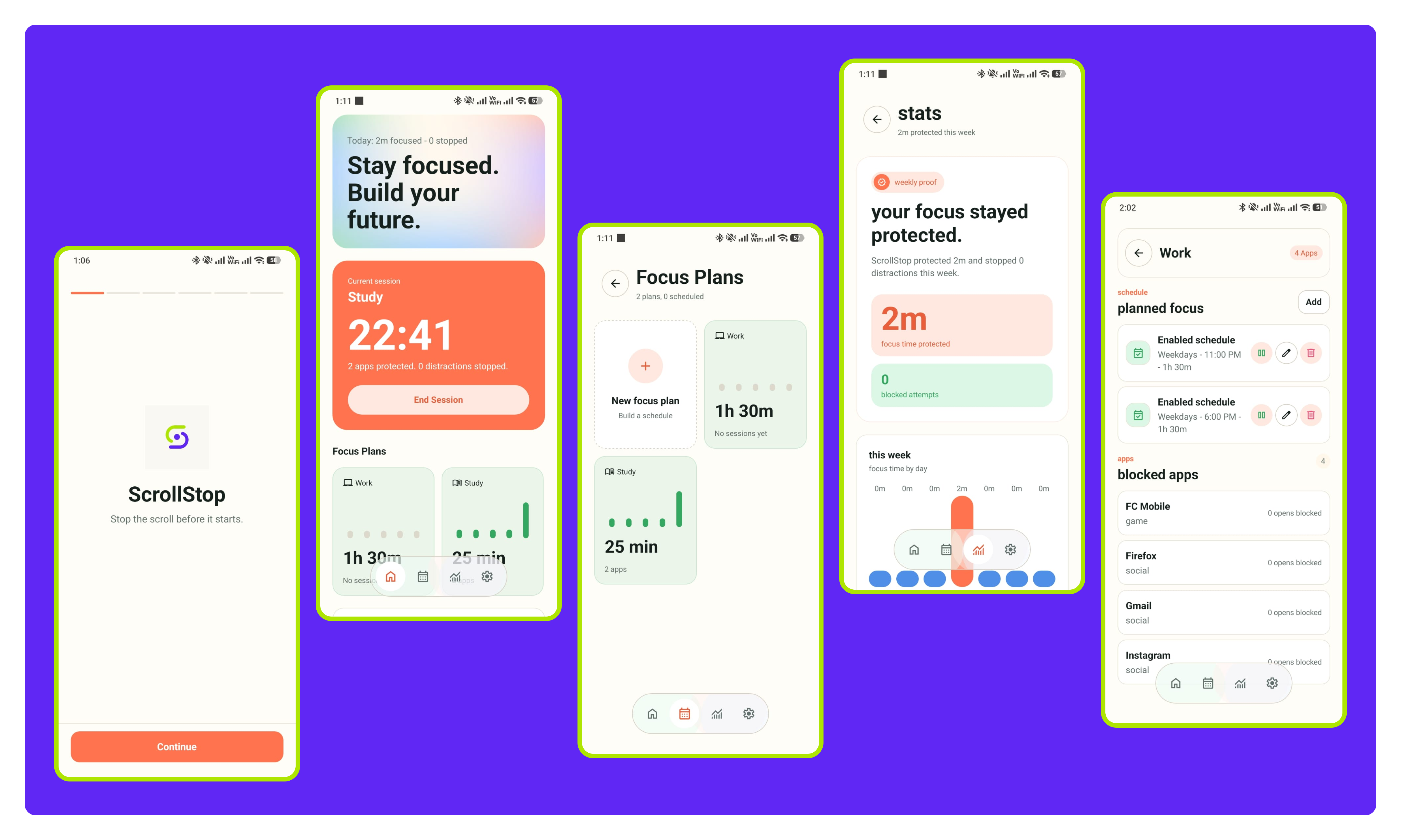 ScrollStop Android app screens showing focus plans, blocked apps, session stats, and study mode